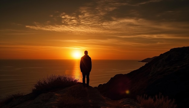 Silhouette di una persona in piedi sulla scogliera che guarda il tramonto generato dall'intelligenza artificiale