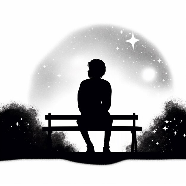 silhouette di una persona seduta su una panchina che guarda le stelle generative ai