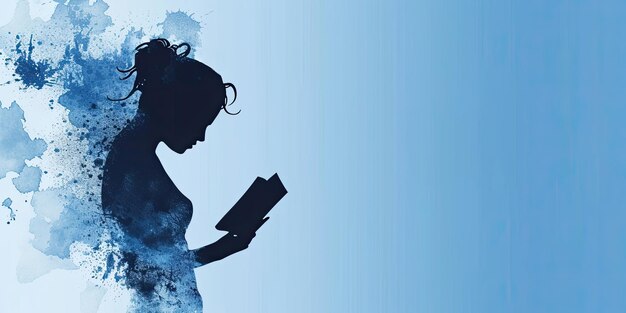 silhouette di una ragazza che legge con un libro in mano giornata mondiale della poesia sfondo blu spazio di copia