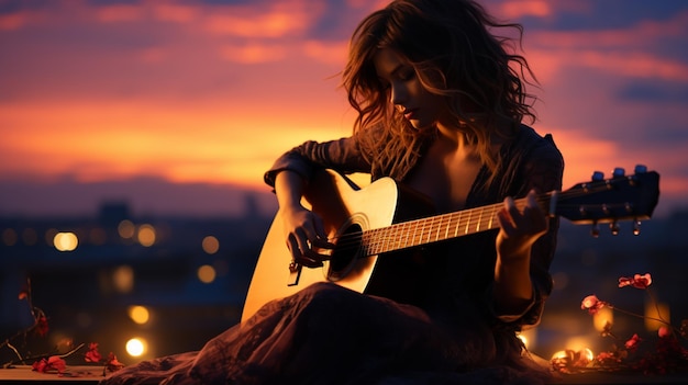 Silhouette di una ragazza con la chitarra con in una sera