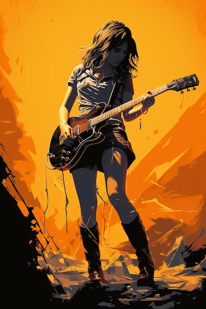 Silhouette di una ragazza di 18 anni Cantante rock femminile suonare una chitarra elettrica e cantare vintag anteriore
