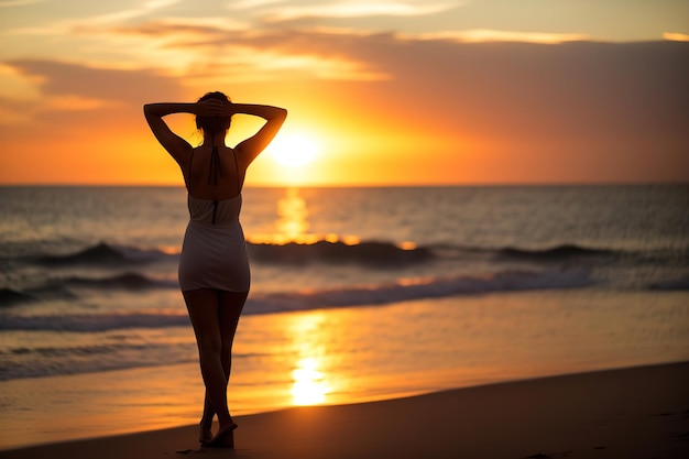 Silhouette di una ragazza in piedi sullo sfondo di un tramonto sul mare AI generativa