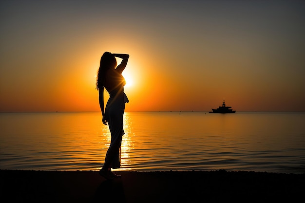 Silhouette di una ragazza in piedi sullo sfondo di un tramonto sul mare AI generativa
