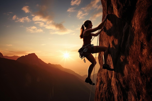 Silhouette di una scalatrice che arrampica su una parete impegnativa al tramonto Donna atletica che si arrampica su una roccia sopraelevata con lo sfondo del cielo al tramonto AI Generato