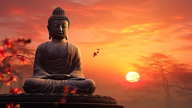 Silhouette di una statua di Buddha con un tramonto generato dall'AI