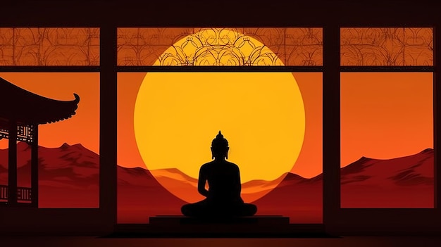 Silhouette di una statua di Buddha con un tramonto generato dall'AI