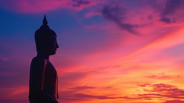 Silhouette di una statua di Buddha contro un vivace cielo al tramonto con nubi drammatiche