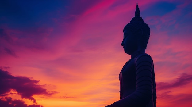 Silhouette di una statua di Buddha contro un vivace cielo al tramonto con nubi drammatiche