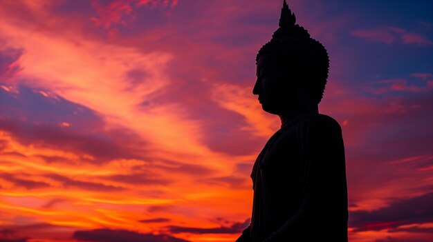 Silhouette di una statua di Buddha contro un vivace cielo al tramonto con nubi drammatiche