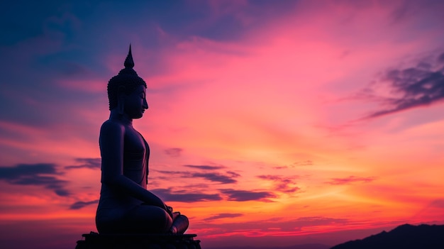 Silhouette di una statua di Buddha contro un vivace cielo al tramonto con nubi drammatiche