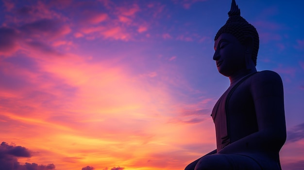 Silhouette di una statua di Buddha contro un vivace cielo al tramonto con nubi drammatiche