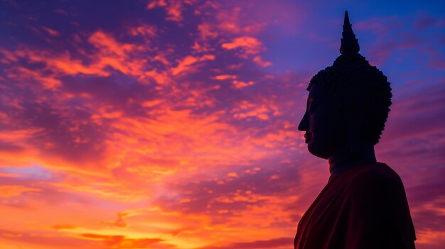 Silhouette di una statua di Buddha contro un vivace cielo al tramonto con nubi drammatiche