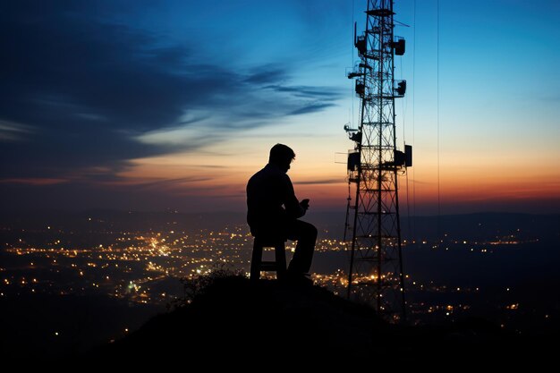 Silhouette di una torre di comunicazione contro il cielo crepuscolare con segnale di test di una persona IA generativa