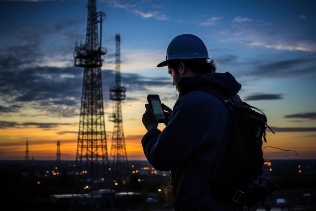 Silhouette di una torre di comunicazione contro il cielo crepuscolare con segnale di test di una persona IA generativa