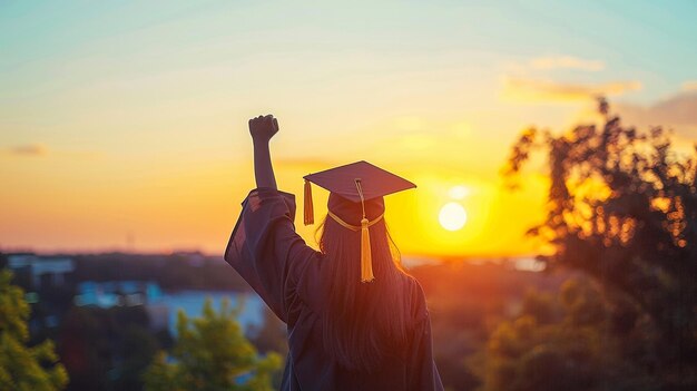 silhouette di uno studente che celebra la laurea guardando la luce del sole