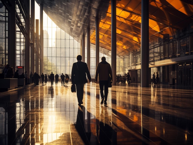 Silhouette di uomini d'affari che camminano nel corridoio dell'aeroporto AI generativa