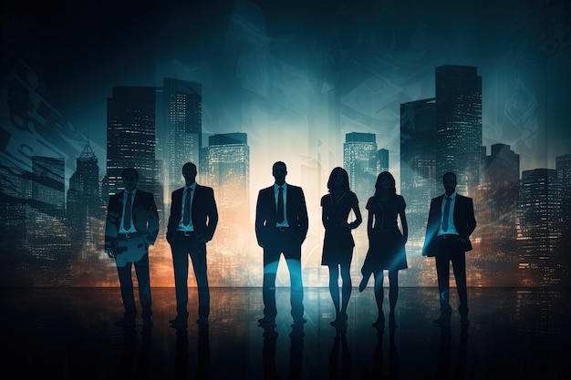 Silhouette di uomini d'affari in piedi di fronte allo sfondo della città