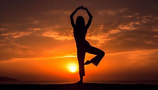 Silhouette di uomini e donne che praticano yoga all'alba all'aperto generata dall'intelligenza artificiale