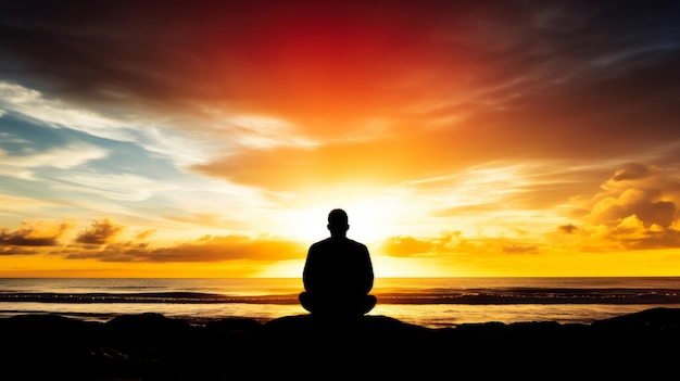 Silhouette di uomo che medita nella posizione seduta del loto yoga al mattino consapevolezza nella natura