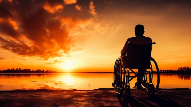 Silhouette di uomo disabile su sedia a rotelle in spiaggia durante il tramonto Disattivare il giorno