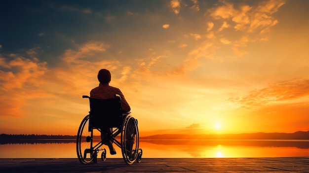 Silhouette di uomo disabile su sedia a rotelle in spiaggia durante il tramonto Disattivare il giorno