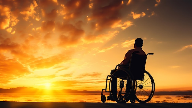 Silhouette di uomo disabile su sedia a rotelle in spiaggia durante il tramonto Disattivare il giorno