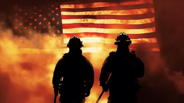 silhouette di vigile del fuoco con fumo e sfondo bandiera usa
