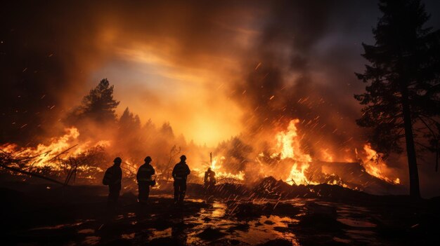 Silhouette di vigili del fuoco che combattono un fuoco infuocato con enormi fiamme di legna che brucia