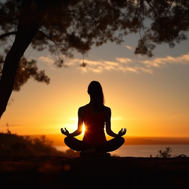 Silhouette donna asiatica che medita o pratica yoga all'aperto