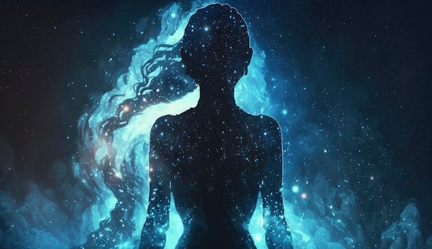 Silhouette donna che medita sullo sfondo cosmico Risveglio spirituale e concetto di meditazione Aldilà del corpo astrale Creato con intelligenza artificiale generativa