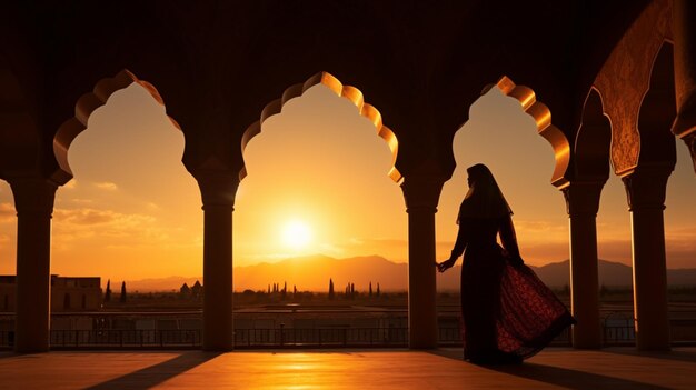 Silhouette donna persiana in abito nazionale sfondo di architettura tradizionale iraniana IA generativa