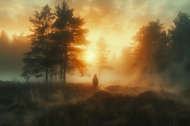 Silhouette enigmatica in mezzo alla foresta nebbiosa all'ora d'oro