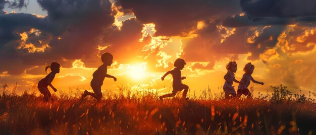 Silhouette estiva bambini felici che giocano in un prato al tramonto