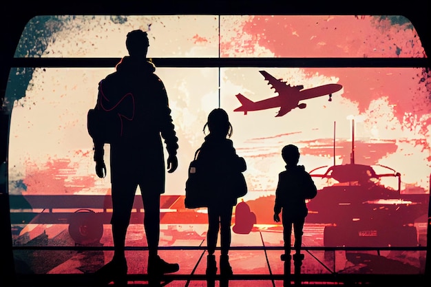 Silhouette Family in aeroporto in viaggio con bambini realizzati con intelligenza artificiale generativa