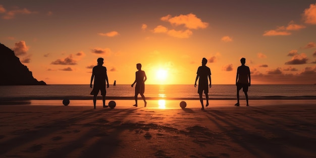 Silhouette Gruppo di amici che giocano a calcio sulla spiaggia Tramonto estivo Sfondo IA generativa