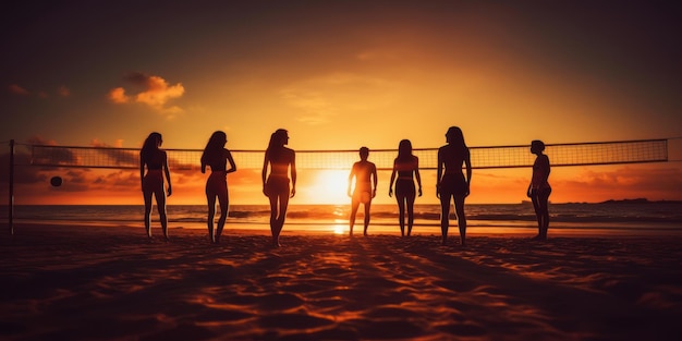 Silhouette Gruppo di amici che giocano a pallavolo sulla spiaggia Tramonto estivo Sfondo IA generativa