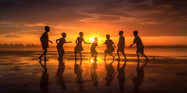 Silhouette gruppo di bambini che giocano e si divertono sulla spiaggia estate tramonto sfondo AI generativa