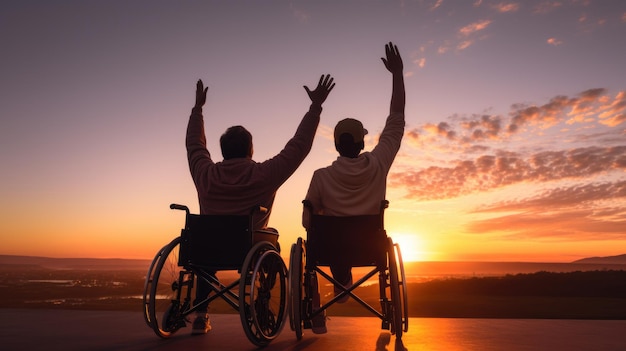 Silhouette Handicappato disabile giovane uomo in sedia a rotelle alzato le mani con il suo amico disabile nel tramonto