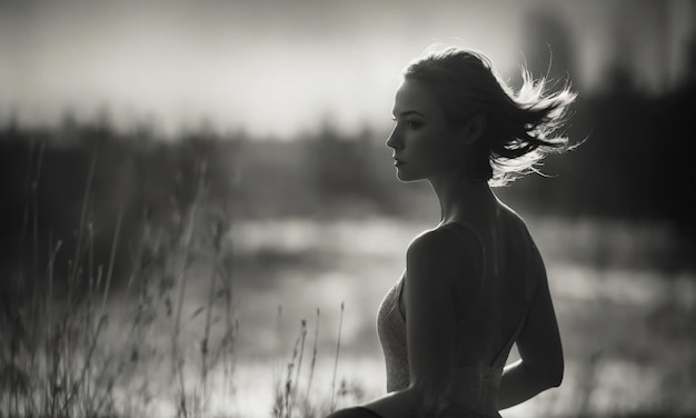 Silhouette in movimento sfocato di una ragazza con i capelli lunghi ai generativo