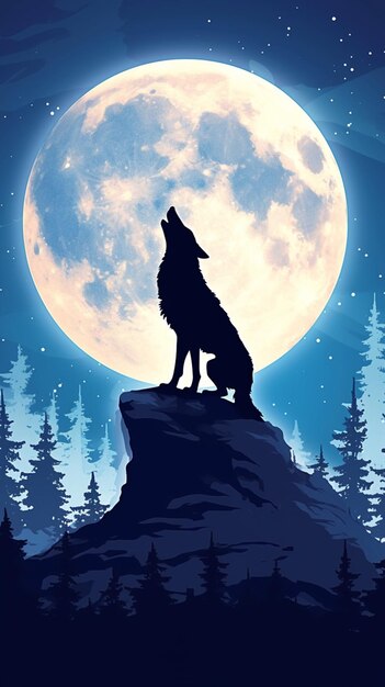 Silhouette lupo ululando alla luna nella foresta Vertical Mobile Wallpaper