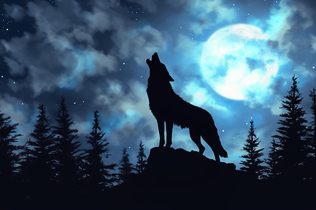 Silhouette lupo ululando alla luna nella foresta