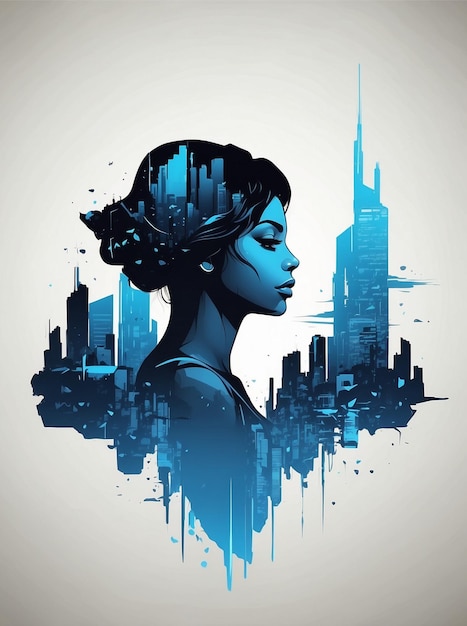 silhouette nera di una ragazza doppia esposizione con città futuristica di colore blu illustrazione artistica vettoriale