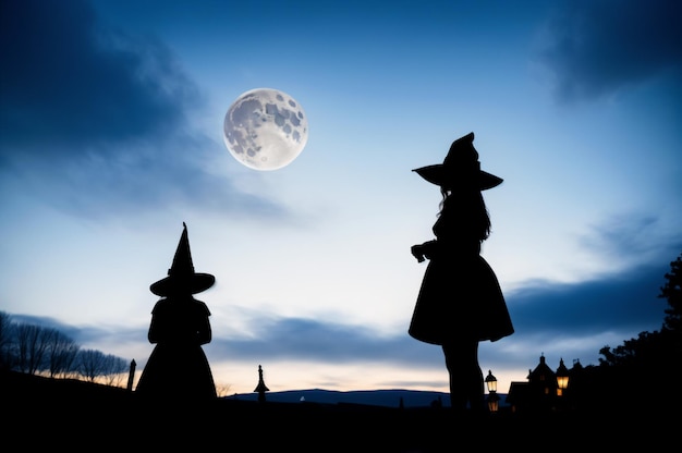 Silhouette nera di una strega con un cappello e una lanterna sullo sfondo del cielo notturno e di una grande luna