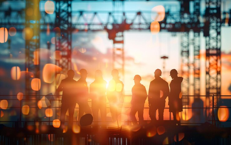 Silhouette of engineer and construction team working