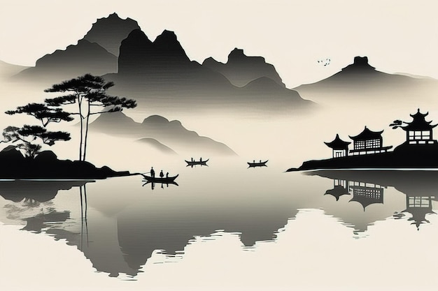 silhouette paesaggio con montagne, laghi e fiumi illustrazioni vettorialisilhouette paesaggio con mo