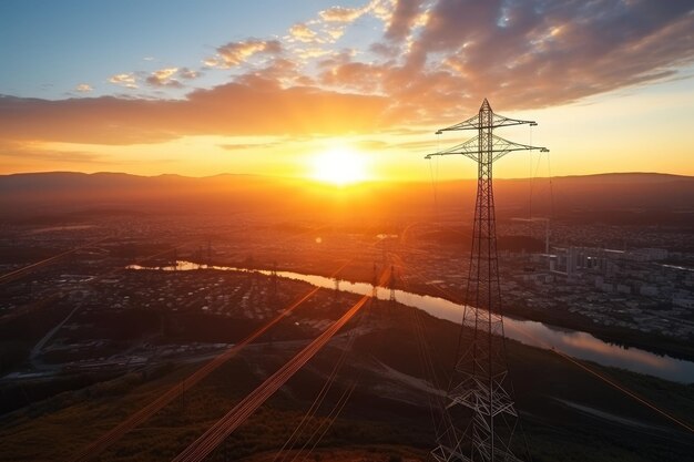 Silhouette panoramica della torre elettrica ad alta tensione al crepuscolo con lo sfondo del cielo del tramonto vibrante