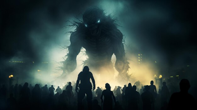 Silhouette sfocata del mostro gigante prepara lo spazio di copia dell'attacco