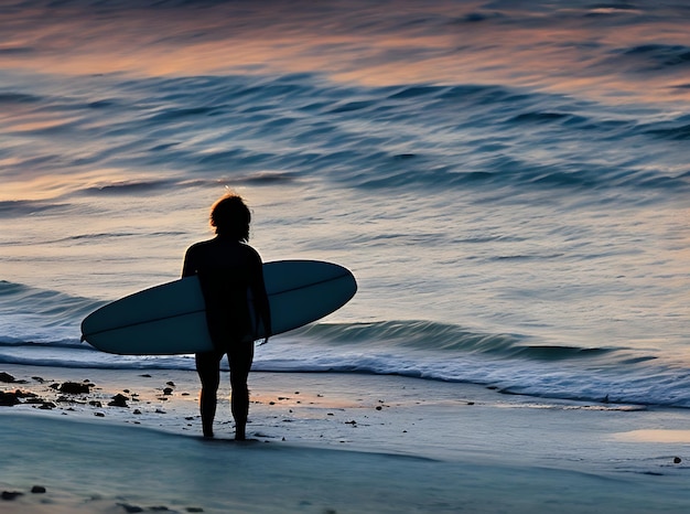 Silhouette Surfers che navigano durante l'esecuzione delle onde sulla spiaggia al tramonto