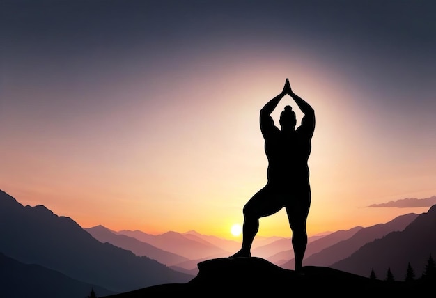 Silhouette uomo che pratica yoga in montagna al tramonto poster del concetto di stile di vita sano