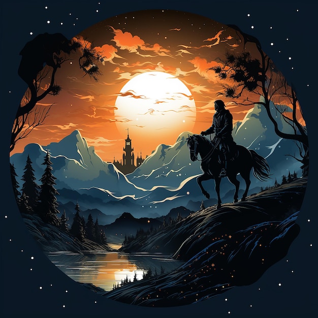 silhouette vettoriale di un soldato a cavallo sullo sfondo di un'icona della luna stellata musulmana